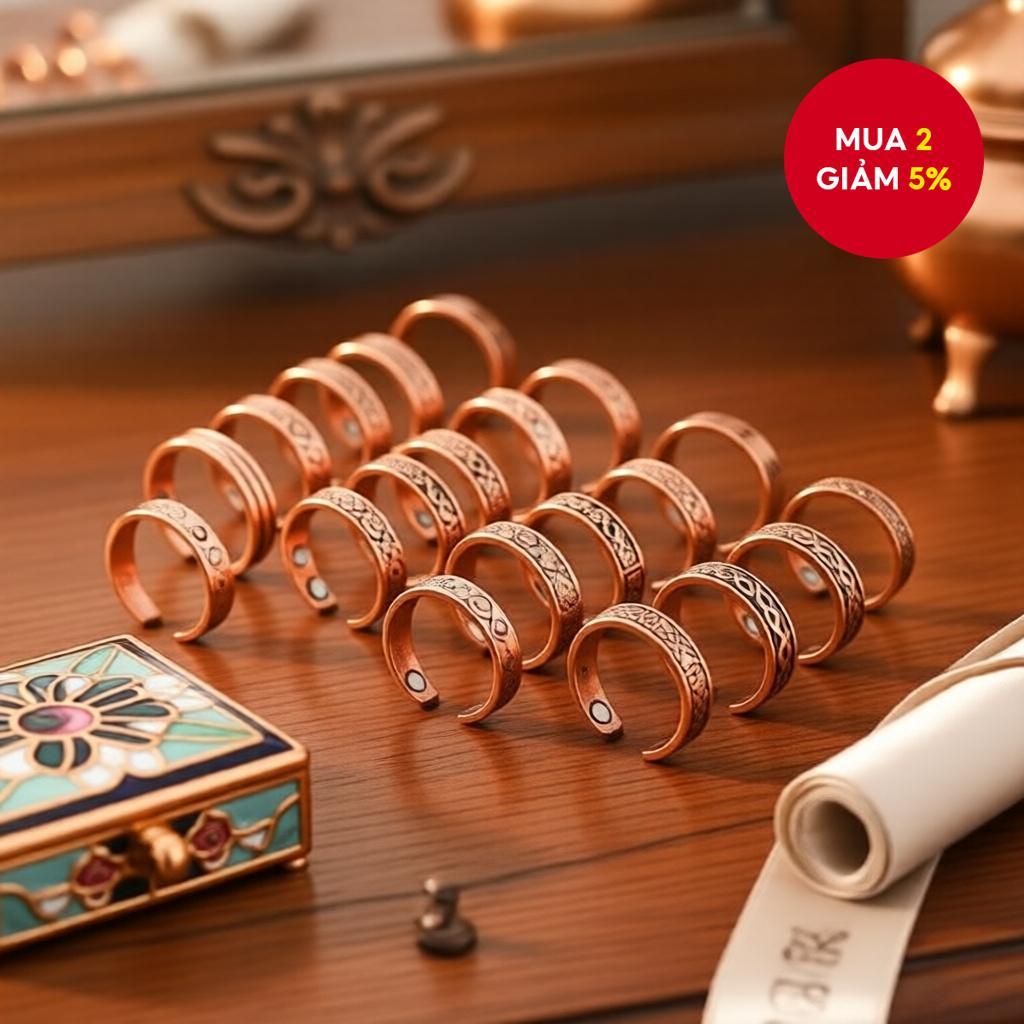 Nhẫn đồng đỏ hở với chi tiết nam châm, họa tiết khắc retro, cảm giác cao cấp.