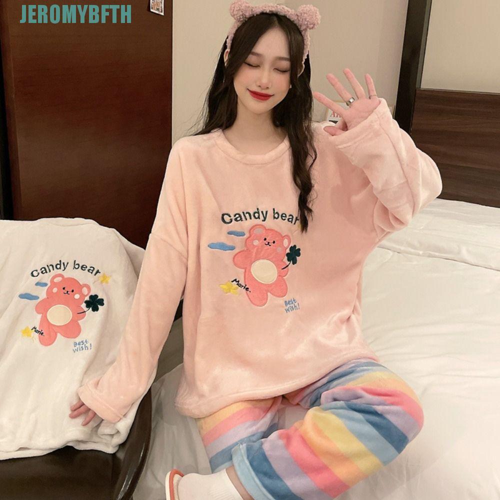 Bộ Đồ Ngủ Nữ JEROMYBF, Kitty Cat Bear Rabbit Coral Fleece Sleepwear, Kawaii Sang Trọng Váy Ngủ Dài T
