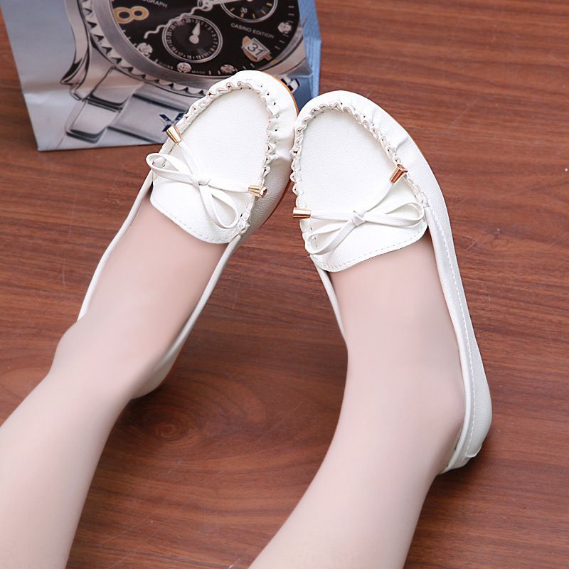 Sản Phẩm Mới Hàng Sẵn Có Xuân Thu Giày Trắng Đế Bằng Nữ Nơ Đậu Hà Lan Giày Nữ Y Tá Giày Đơn Giày Đi Làm Phụ Nữ Mang Thai Mẹ Giày20260118