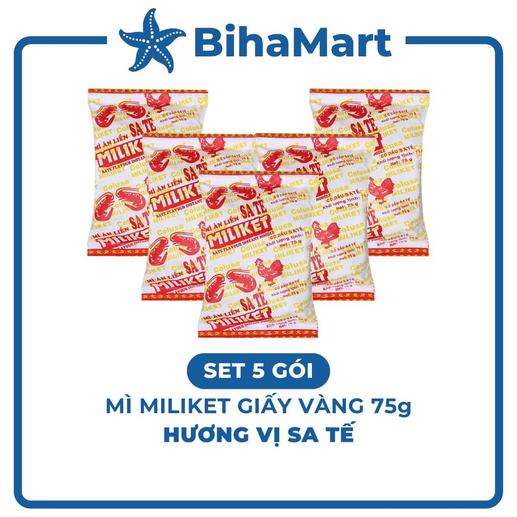 SET 5GÓI COLUSA Mì Miliket giấy vàng gói 75g hương vị Sa tế, Mì giấy Miliket sate, Mì gói giấy vàng 