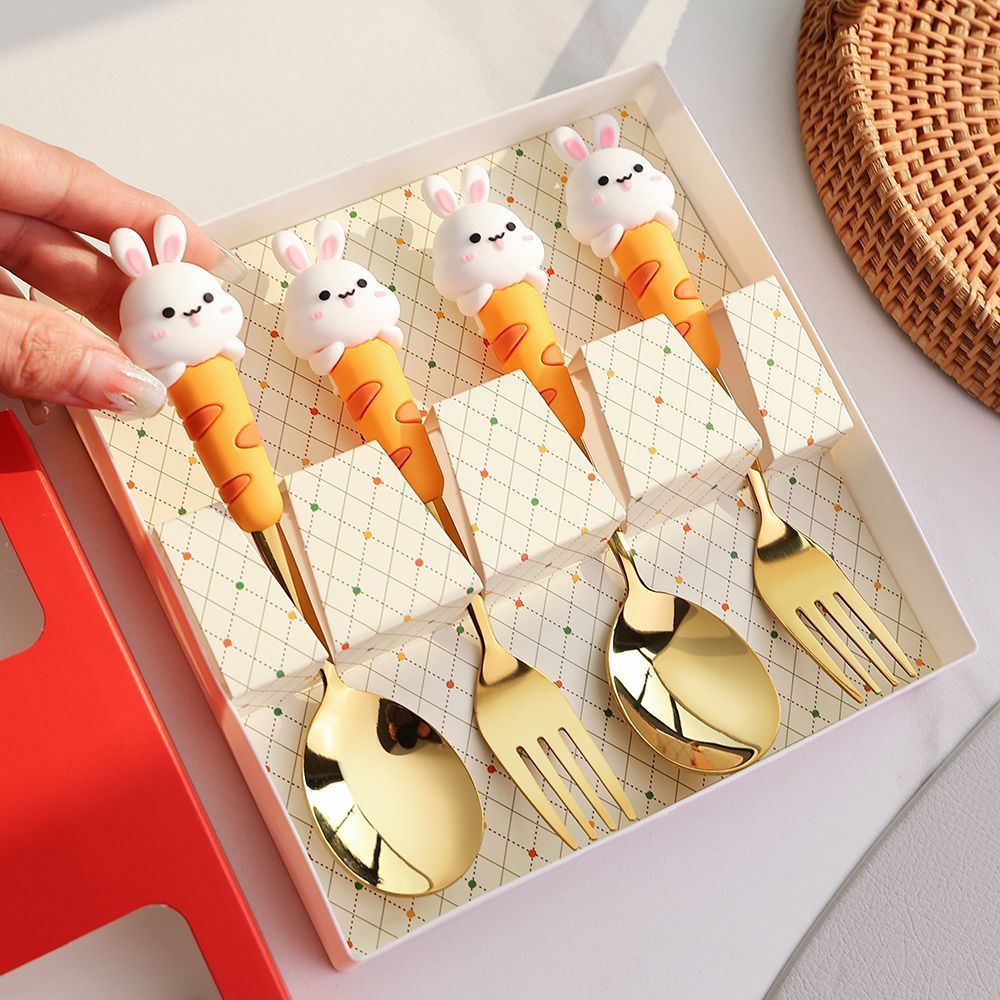 New Product#Cute Rabbit Stainless Steel Spoon Fork Cartoon Adorable Household Fork Spoon Set Childre
