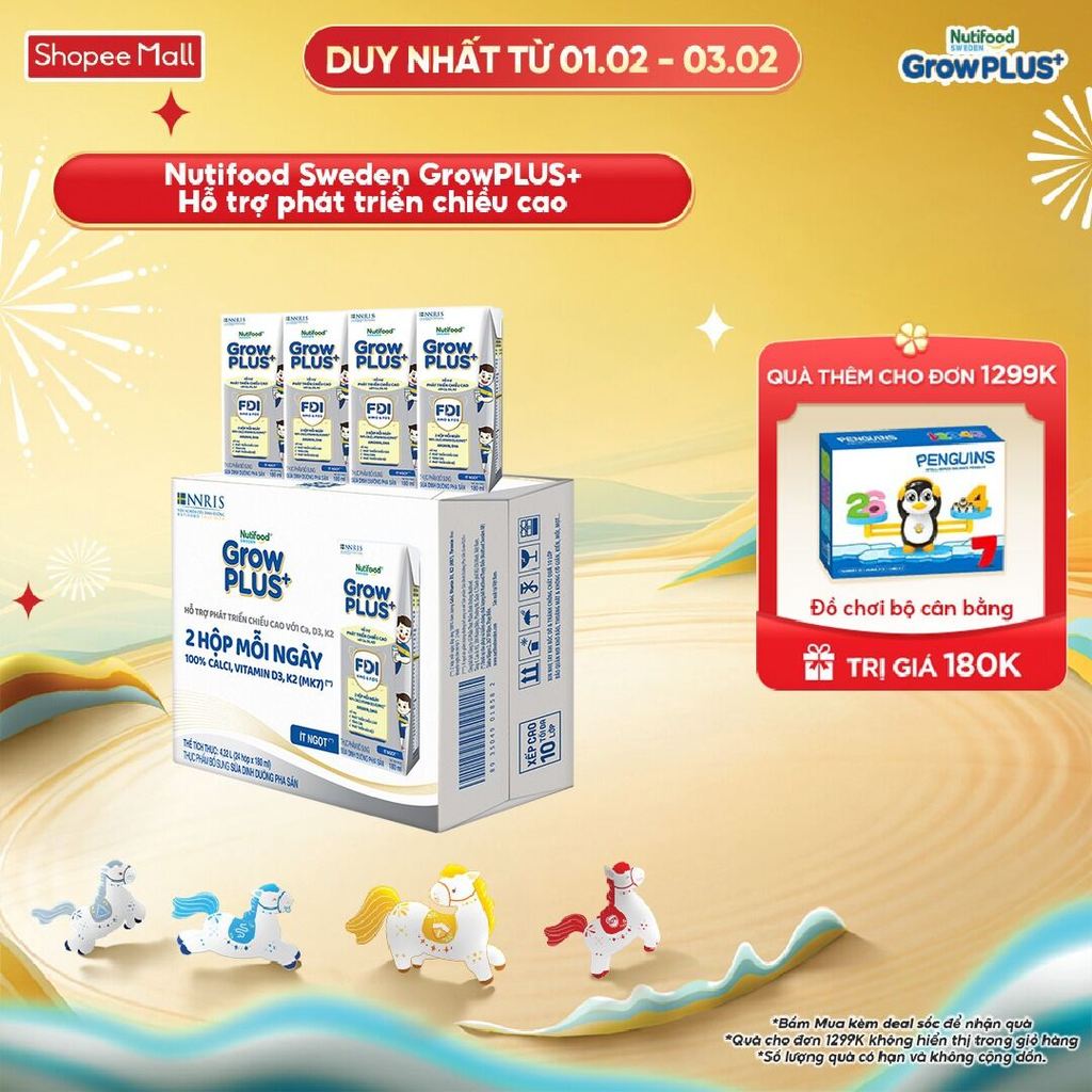 Thùng 24 hộp Sữa Bột Pha Sẵn Nutifood Sweden GrowPLUS+ Cao lớn vượt trội hộp 180 ml