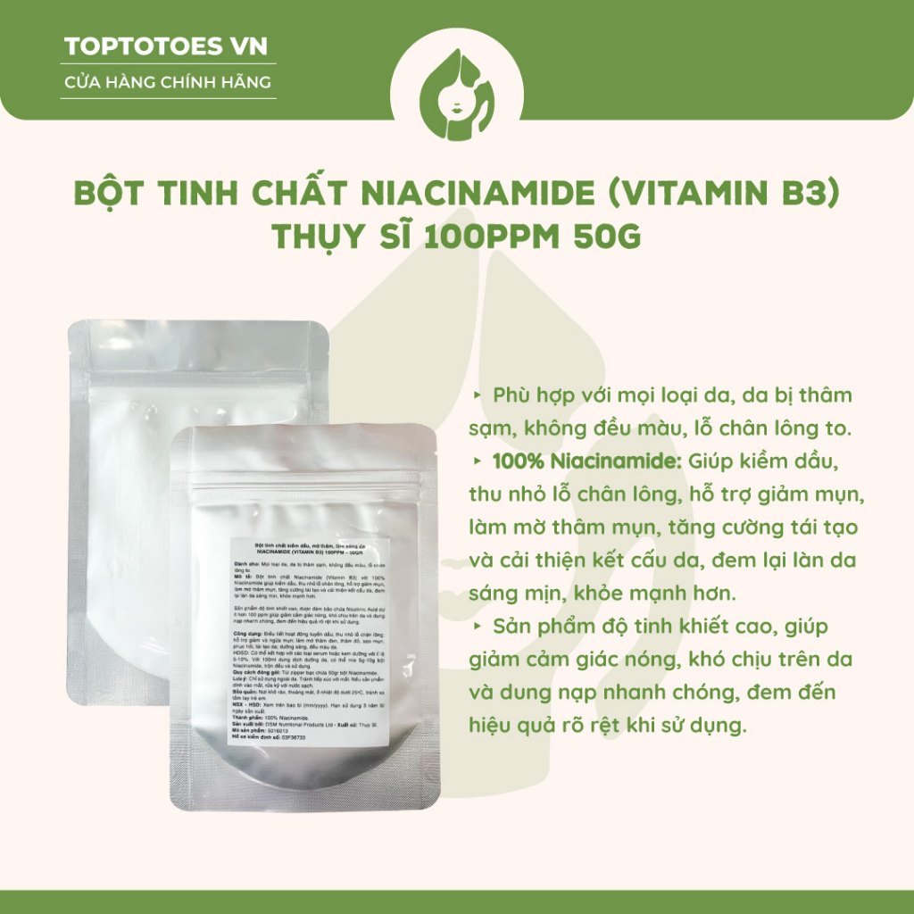 [HÀNG NHẬP KHẨU] Bột Niacinamide (Vitamin B3) Thụy Sĩ 100PPM kiềm dầu, mờ thâm, làm sáng da 50g