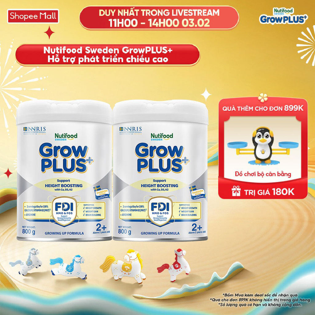 Combo 2 Sữa Bột Nutifood Sweden GrowPLUS+ Cao lớn vượt trội trên 2 tuổi (Bạc) 800g