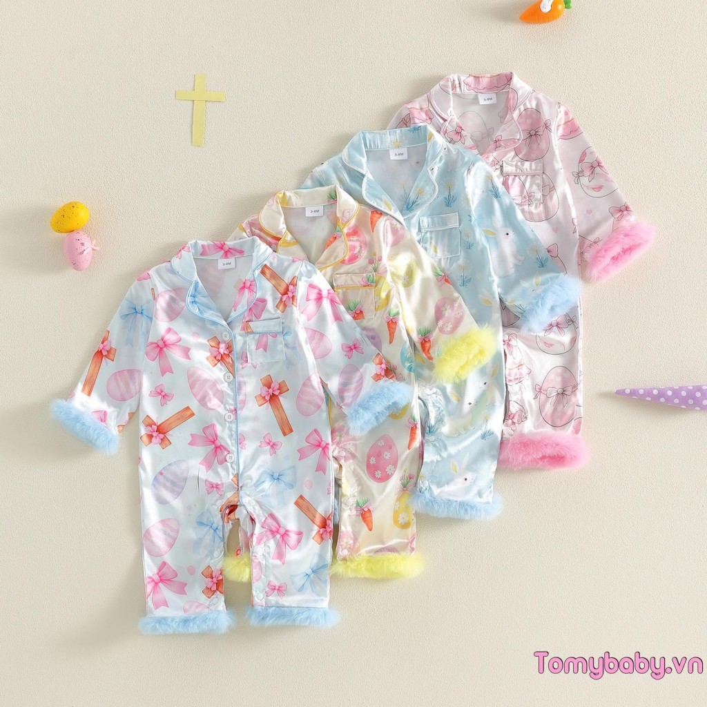 Bé Gái Phục Sinh Satin Bộ Đồ Ngủ Dài Tay Ve Áo Nút Lên Trứng Bunny In Chữ Thập Đồ Ngủ