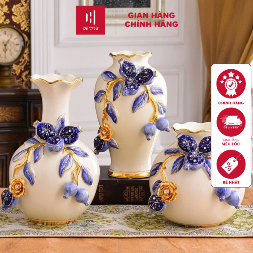 Bình Cắm Hoa Gốm Men Ngọc Trai Cao Cấp, Lọ Hoa Trang Trí Họa Tiết Hoa Nổi Mạ Vàng Sang Trọng -  HDEC