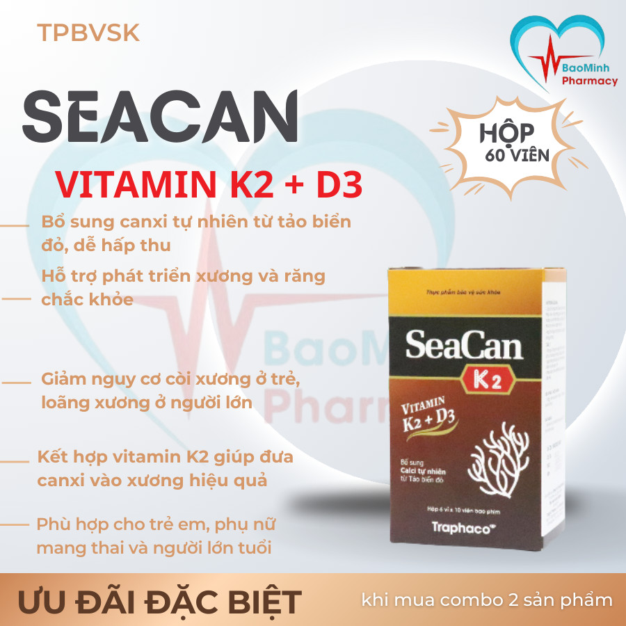 [SALE HOT]  Seacan K2 Hộp 60 Viên – Bổ Sung Canxi Tảo Biển Đỏ, Hỗ Trợ Xương Chắc Khỏe