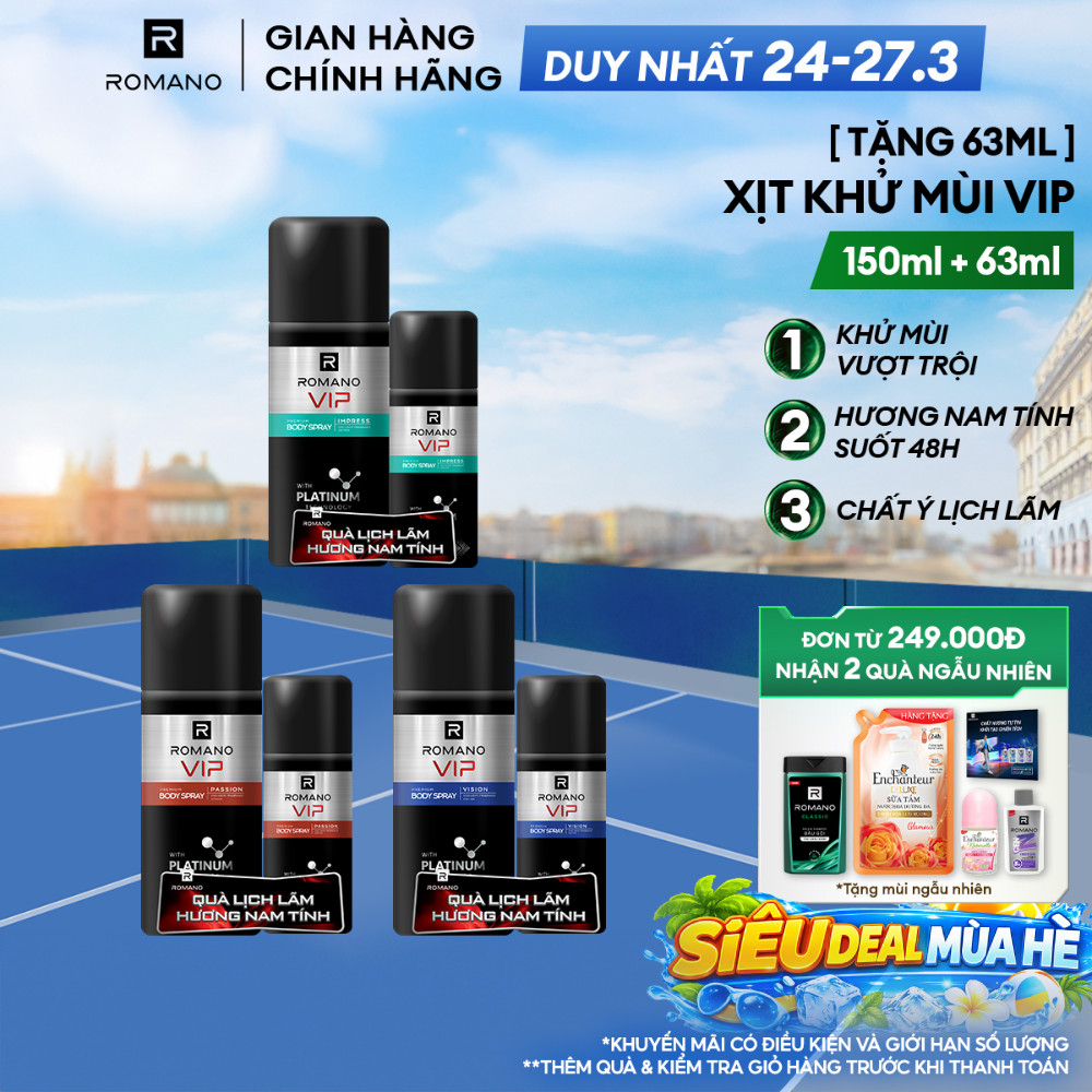 [TẶNG Xịt khử mùi 63ML] Xịt khử mùi cho nam cao cấp VIP Romano 150ml (Tặng mùi ngẫu nhiên)