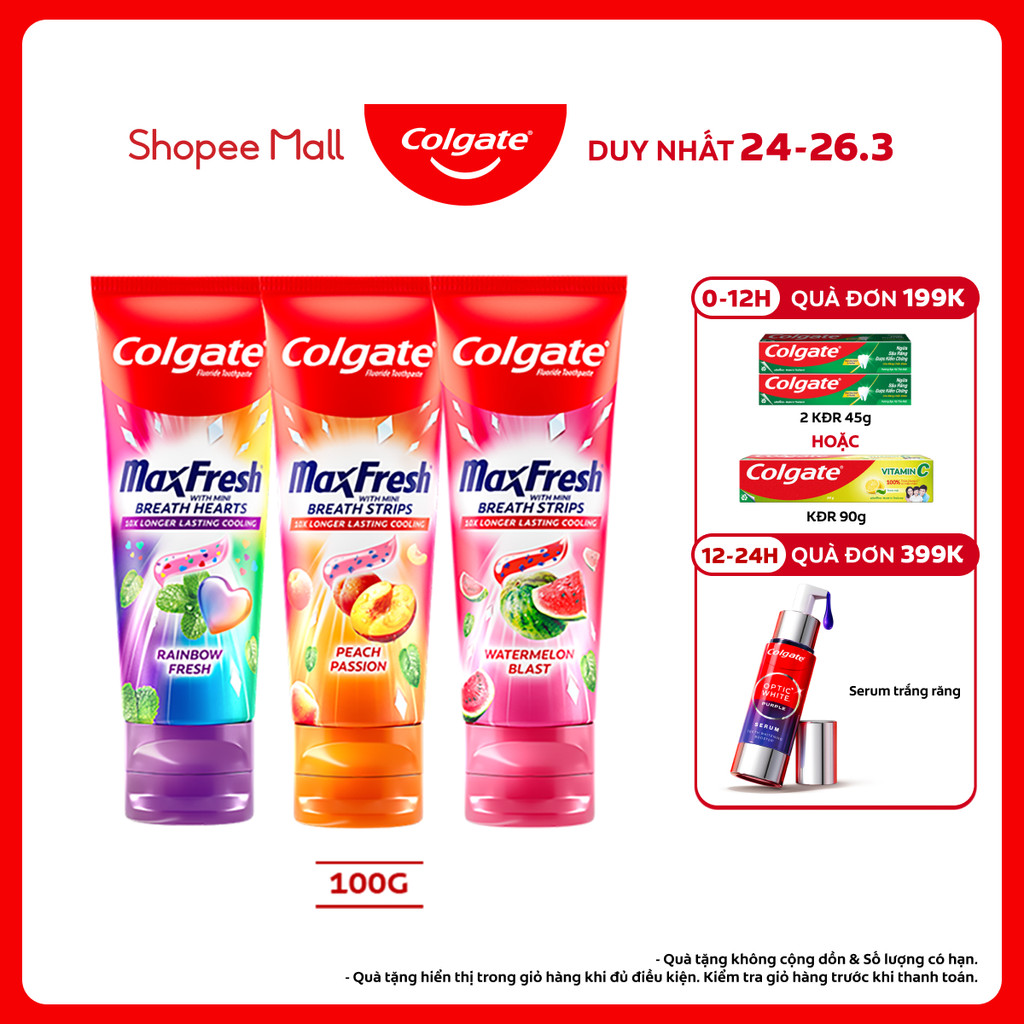 Kem đánh răng Colgate MaxFresh Hương nhiệt đới, tinh thể cầu vồng the mát 100g/ tuýp
