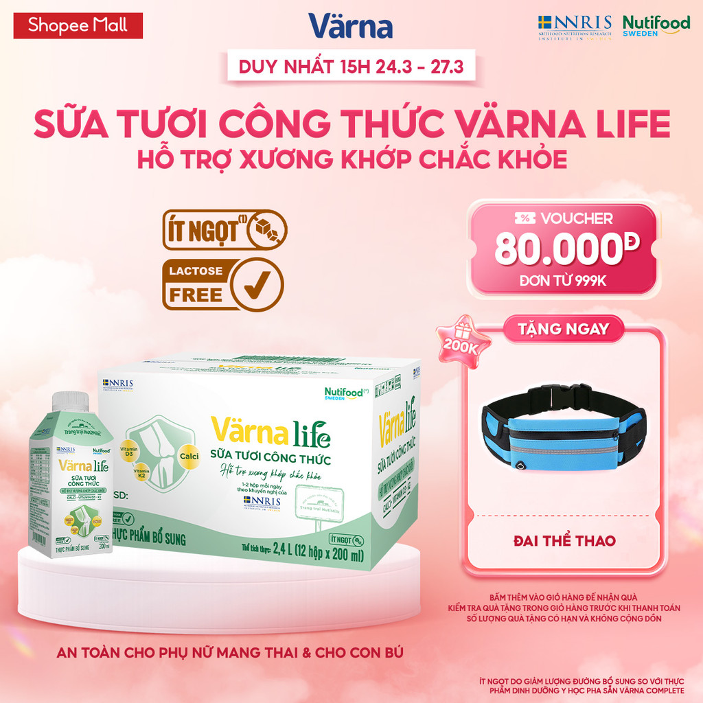 Thùng 12 hộp Varna Life sữa tươi công thức hỗ trợ xương khớp chắc khỏe (Xanh) (12 hộp giấy x 200ml)