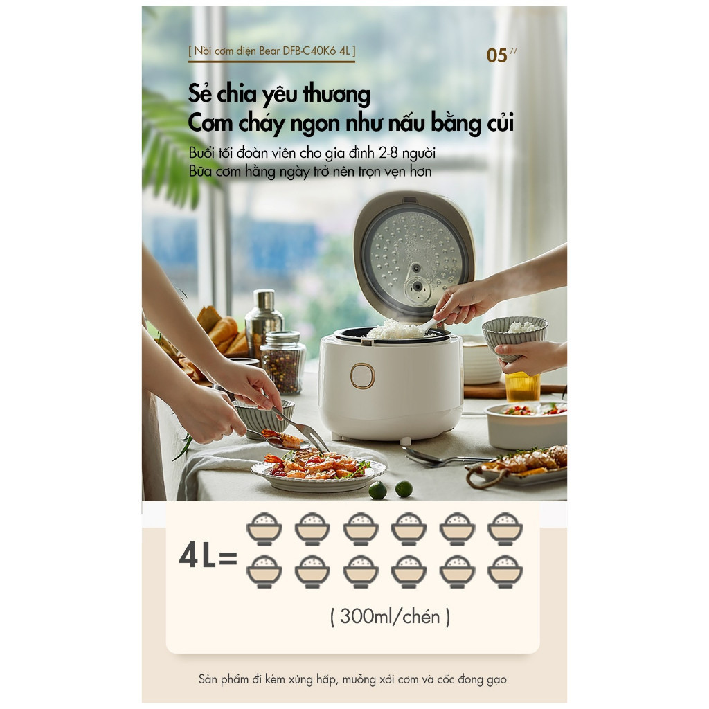 Nồi Cơm Điện 1.5L Bear RC-4H40E | 800W - Chống Dính 5 Lớp - 6 Chế Độ Nấu | BH Chính Hãng 18 Tháng
