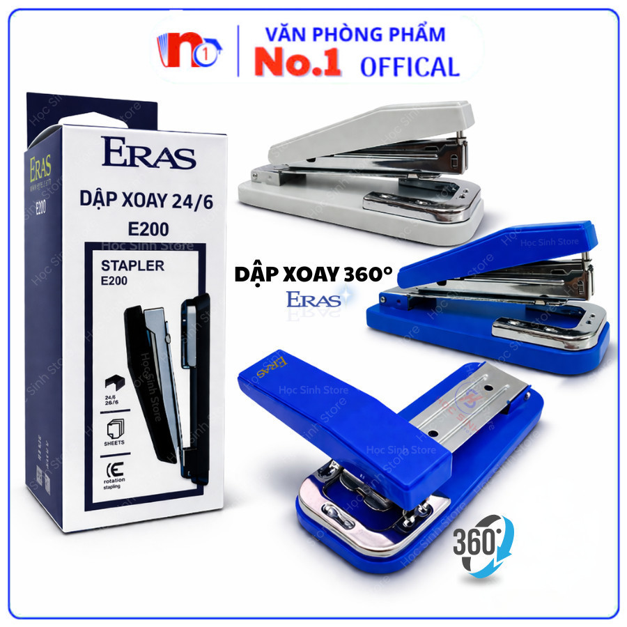 Bấm Kim Dạng Xoay 360° Linh Hoạt E200 Hiệu Eras Dùng Kim 24/6 (Kim Số 3), Bấm Gáy Tập, Độ Bền Cao - 
