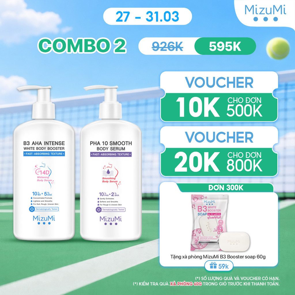 Combo Dưỡng thể Mizumi PHA 10 Smooth 250ml và Dưỡng thể Mizumi B3 AHA Dưỡng Trắng Da Cao Cấp 250g
