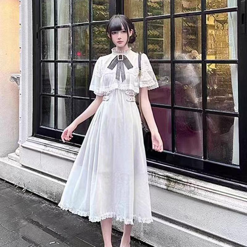 Váy Rojita phong cách Nhật Bản, tay ngắn, nơ lớn, viền ren, thiết kế thanh lịch