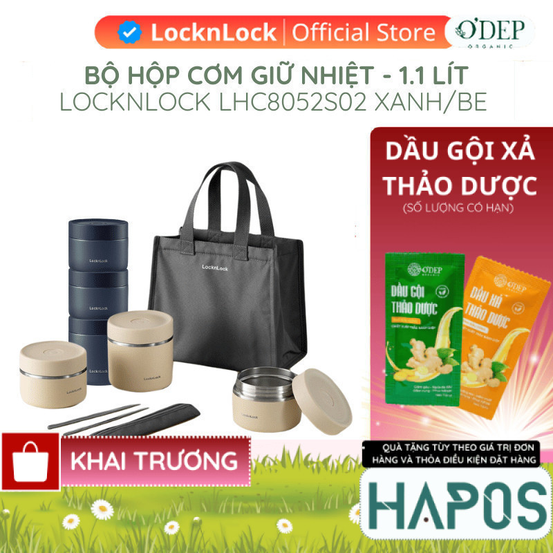 Hộp cơm giữ nhiệt LocknLock 3 ngăn 1.1L Chính hãng, Kèm túi, muỗng đũa, tiện lợi, giữ nhiệt lâu LHC8