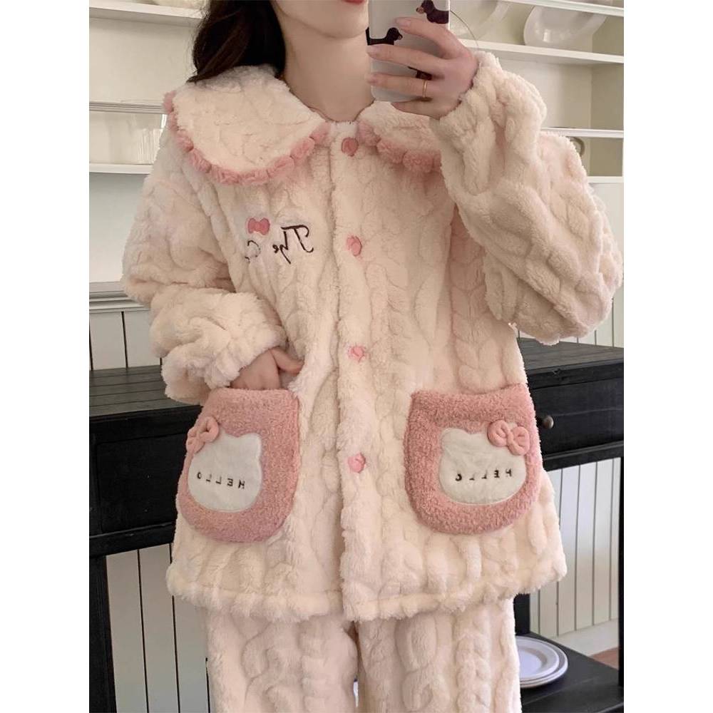 Coral Velvet Pajamas Women's New Flannel Thickened Warm Cute Hello Kitty Homewear Suit lW3w