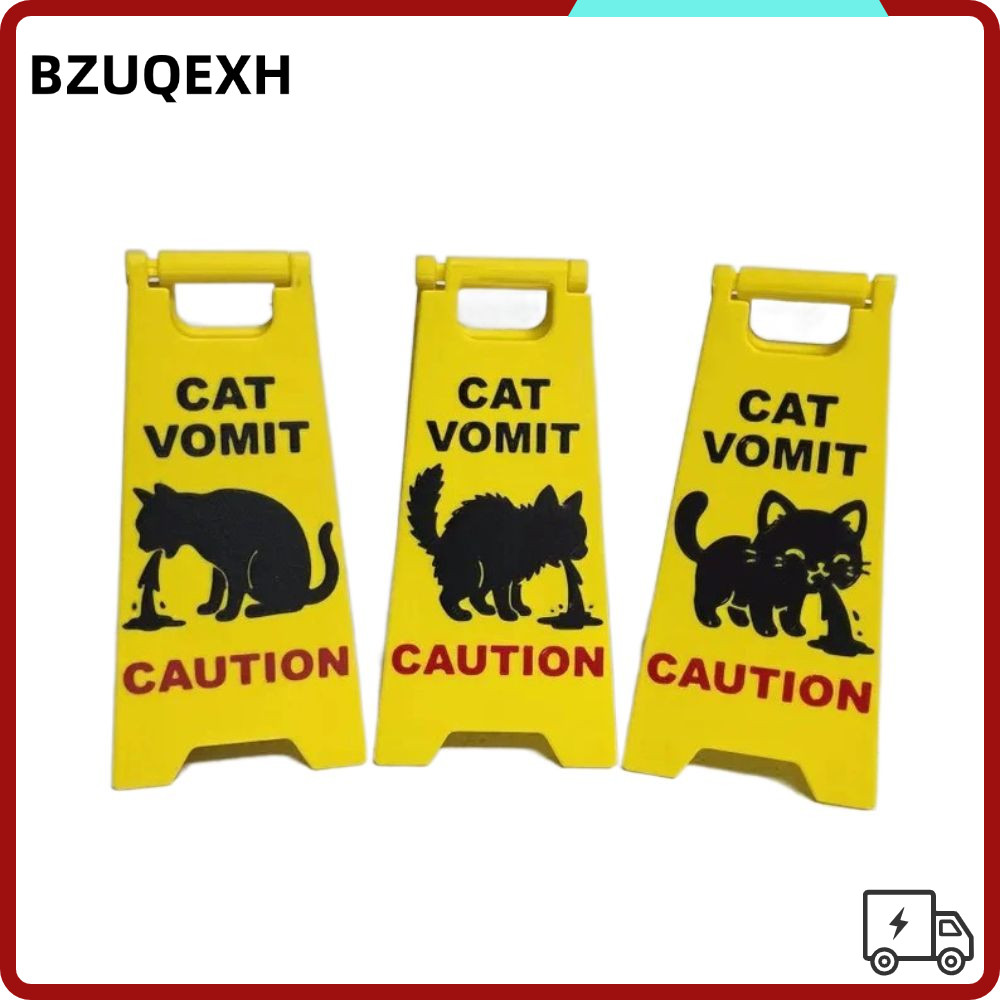 BZUQEXH Cat Poop Signs, Mini Bright Yellow Caution Overstimulated Desk Sign, Funny ABS Cat Vomit Sig