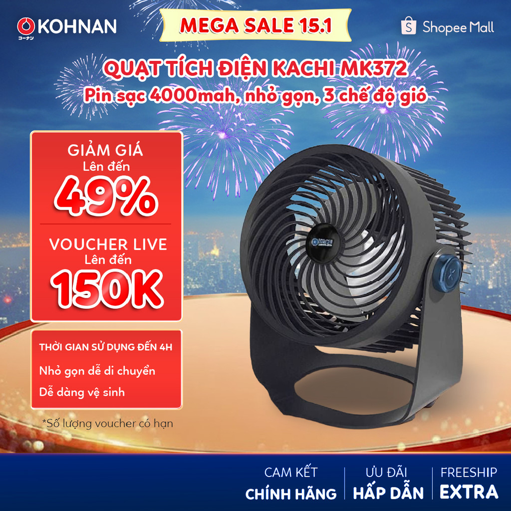 Quạt tích điện KACHI MK372 pin sạc 4000mAH, nhỏ gọn, 3 chế độ gió
