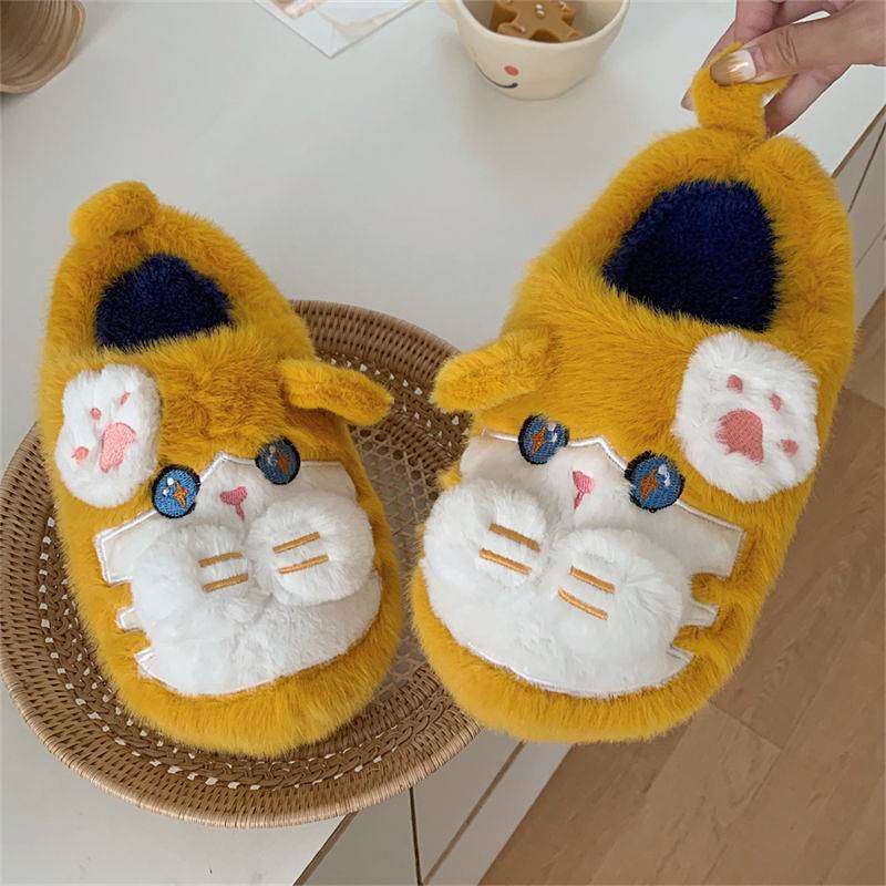 Winter Cute Warm Little Tiger Fluffy Shoes Non-Slip Soft Sole Shoes Toe Cap Cotton Slippers uxiA