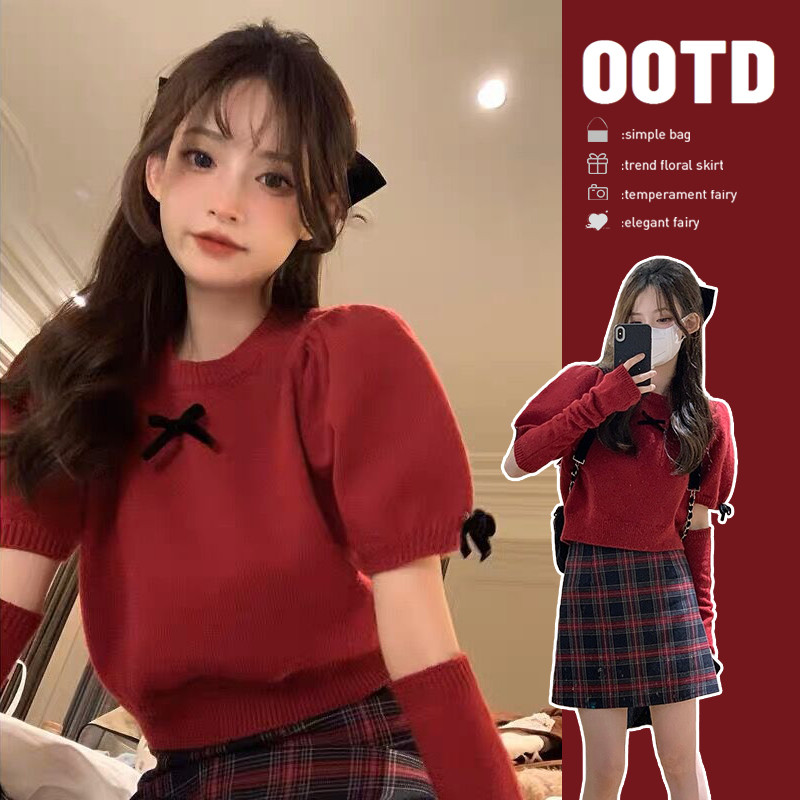 áo croptop len áo croptop len tăm Năm Mới - Áo Len Đỏ Tay Ngắn Cho Thu Đông, Dệt Kim Phong Cách Mới