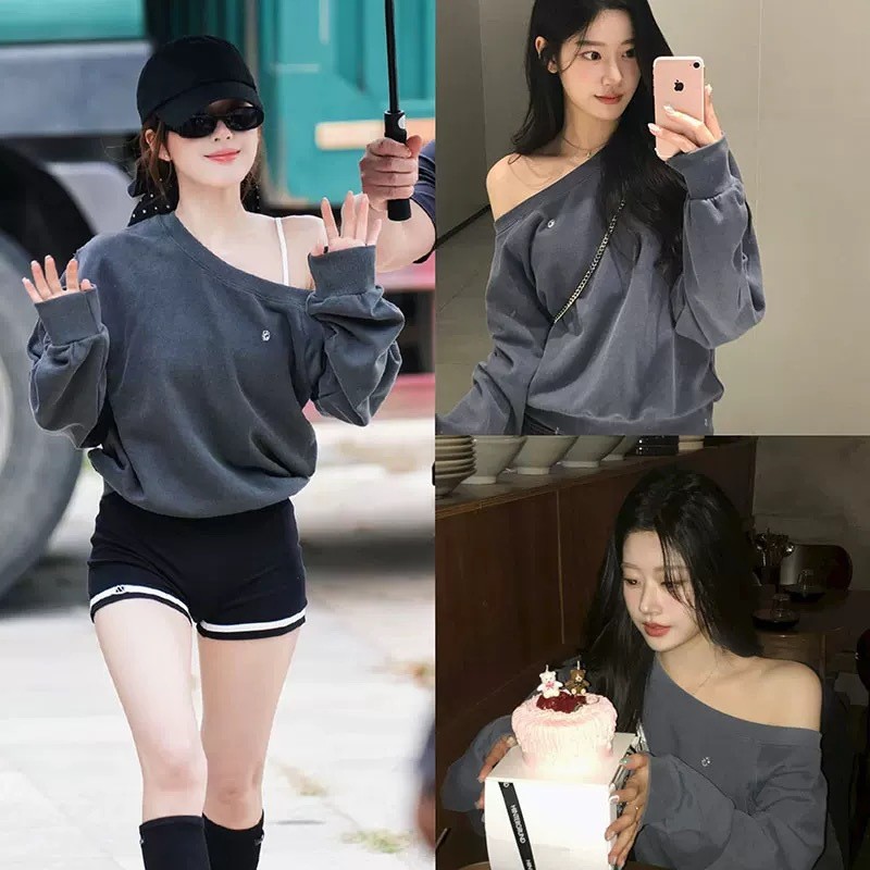 WK4Y Korean designer25Autumn "Let Me Shine" Same Style Zhao Lusi Retro Asymmetric Off-Shoulder Sweat