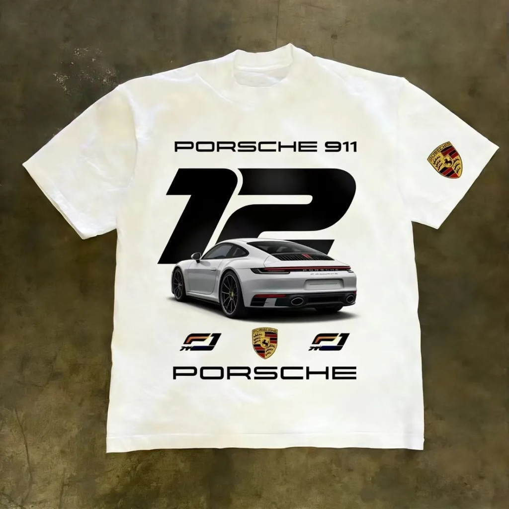 PORSCHE white short-sleeved T-shirt with 911 sports car graphic, 718, turbo racing style breathable 