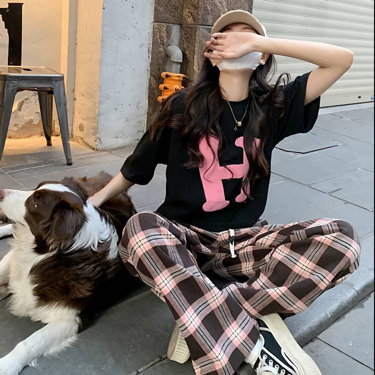 New Plaid Casual Pants Women's Loose All-Matching Spring and Summer Comfortable Slimming Drawstring 