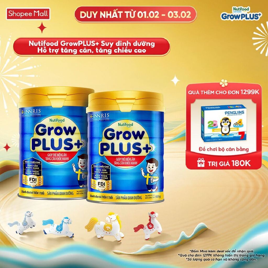 Combo 2 Sữa Bột Nutifood GrowPLUS+ Xanh (Biếng Ăn) 900g - Trên 1 Tuổi - Tăng Cân Khỏe Mạnh (2 Lon x 
