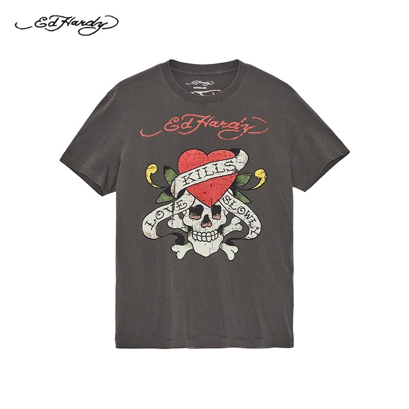 Áo thun nam họa tiết Ed Hardy retro, cổ tròn tay ngắn