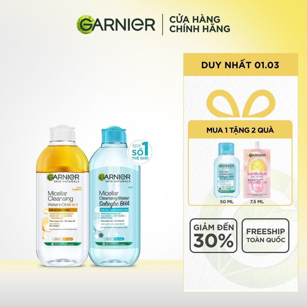 Bộ 2 Nước tẩy trang dành cho da dầu mụn & trang điểm Garnier Micellar Water (400mlX2)