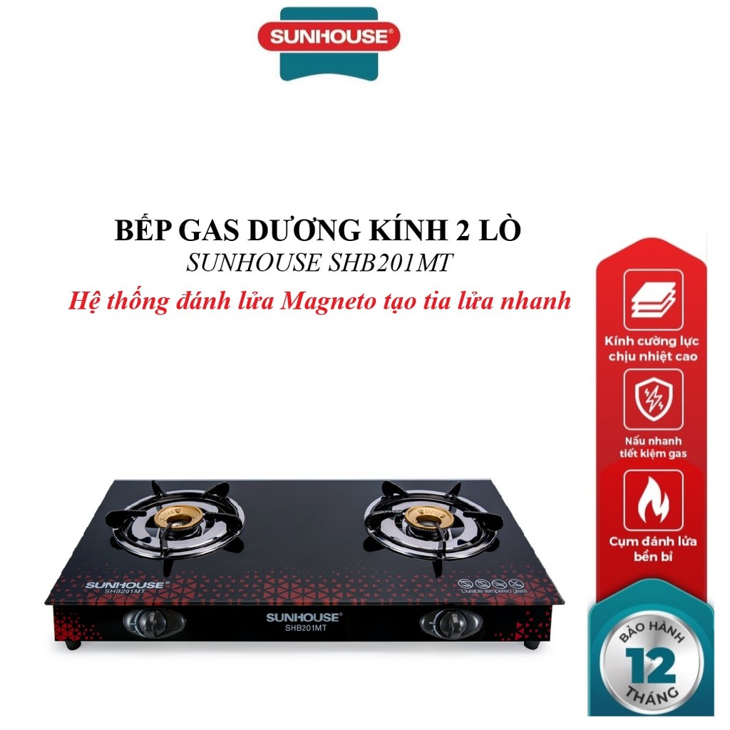 Bếp gas dương kính SUNHOUSE SHB201MT, Hệ thống đánh lửa Magneto tạo tia lửa nhanh, Kiềng bếp độc lập