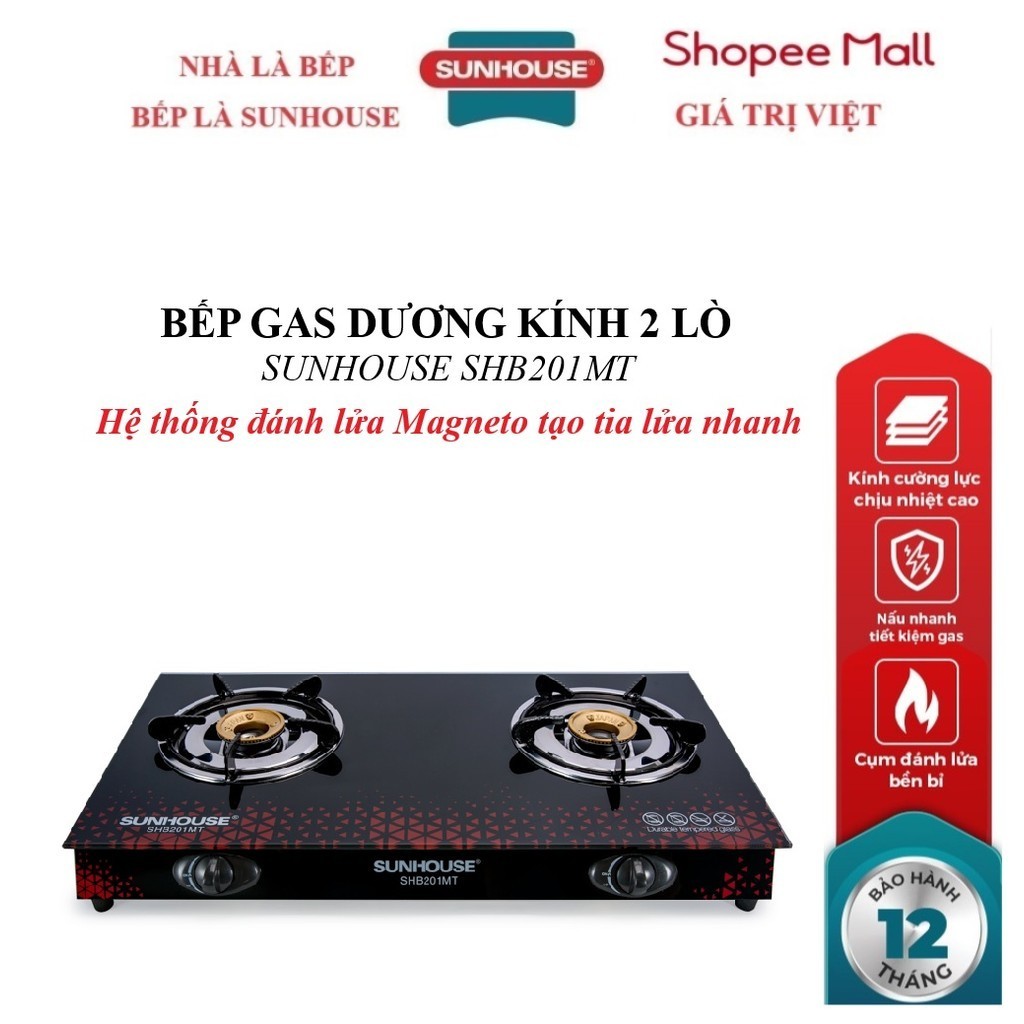 Bếp gas dương kính SUNHOUSE SHB201MT, Hệ thống đánh lửa Magneto tạo tia lửa nhanh, Kiềng bếp độc lập