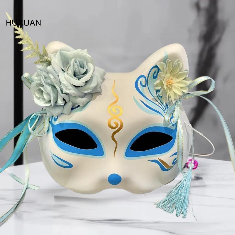 HUXUAN Anime Demon Fox Mask Vẽ tay Nhật Bản Kitsune Mask Cosplay Prop cho lễ hội hóa trang. TRỤC