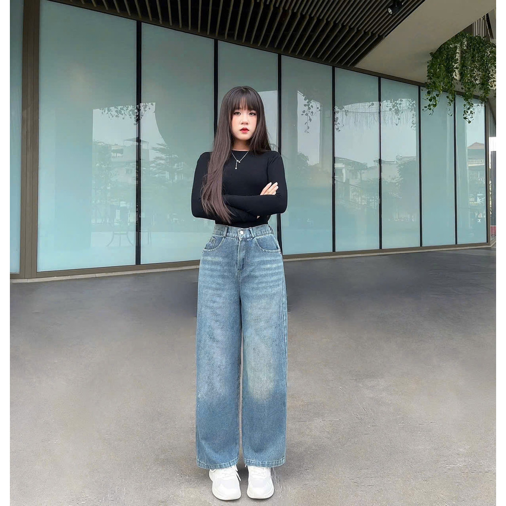 Quần Bò Jeans Ống Suông Có Chun Sau Rách Q35