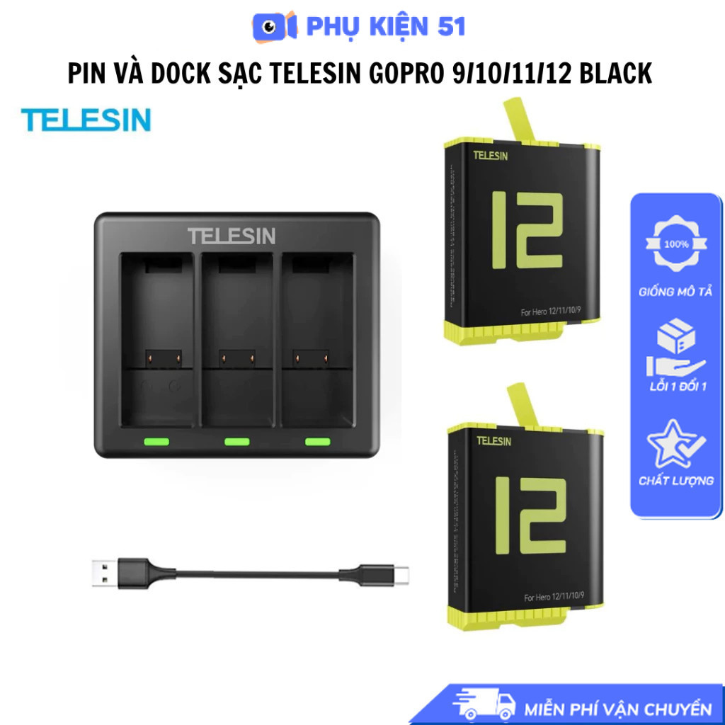 Dock sạc Pin Telesin Gopro 12 11 10 9 Black sạc 3 pin cùng lúc-