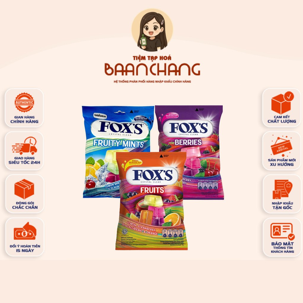 [GÓI 90gr] Kẹo Fox's Crystal Clear 3 Vị Fruity Mints, Berries Candy