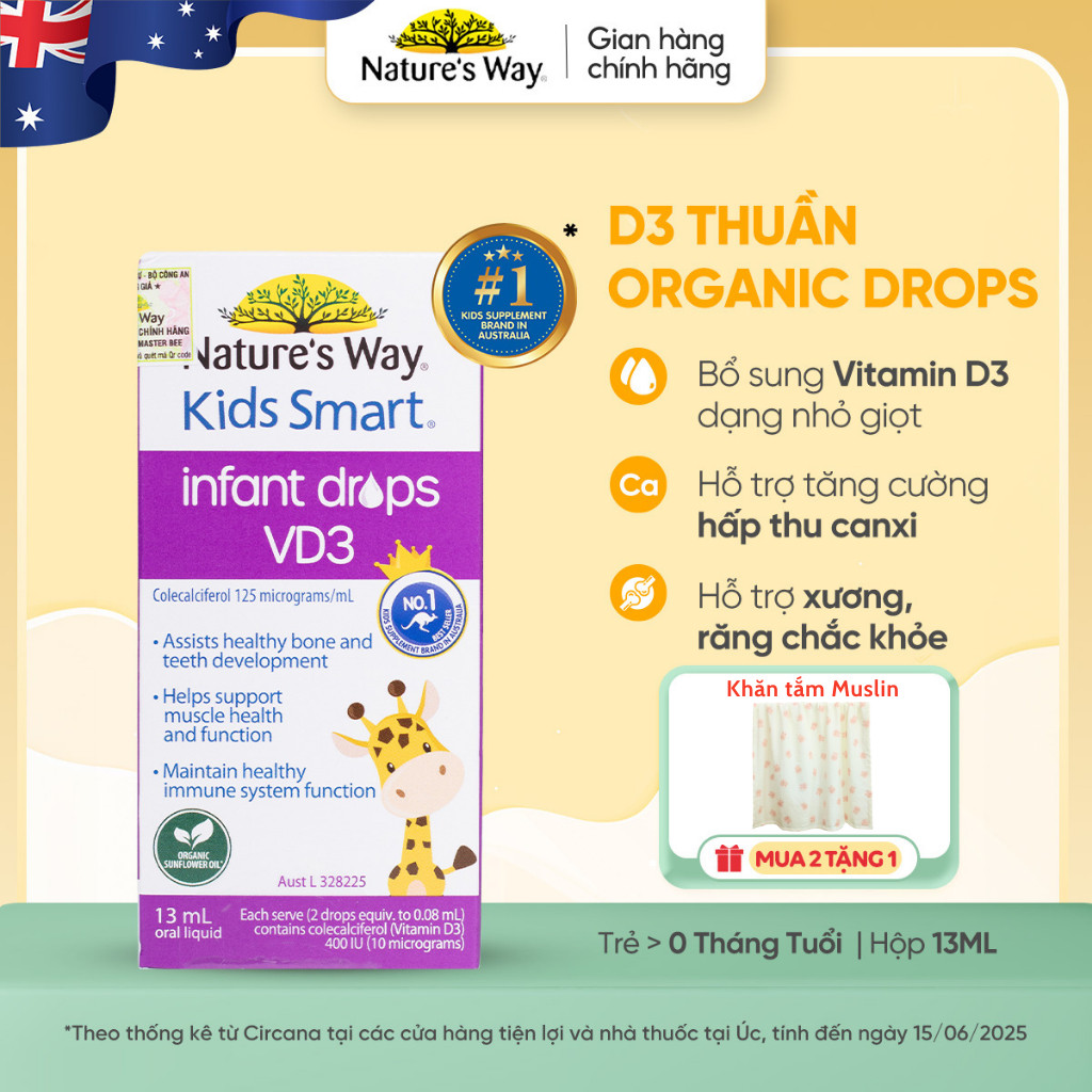 Vitamin D3 ORGANIC Nature’s Way, D3 Thuần Cho Trẻ Sơ Sinh Kids Smart Infant Drops VD3 - Hộp 13ml