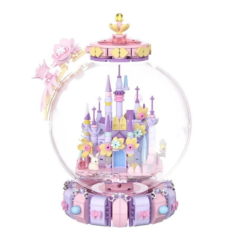 PVYH Fairy Tale Crystal Ball Castle Blocks Pink Puzzle Toy Magical Orb Floral Gift for Girls Birthda
