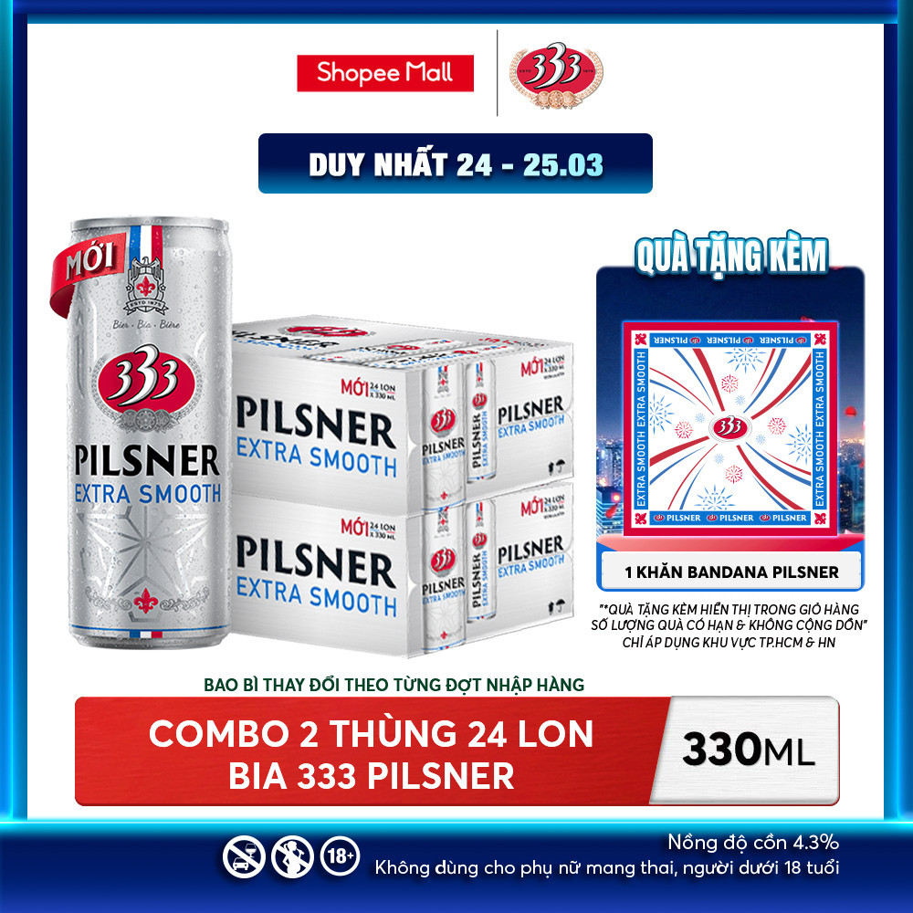 Nồng Độ Cồn 4.3% - Combo 2 Thùng 24 Lon Bia 333 Pilsner 330ml