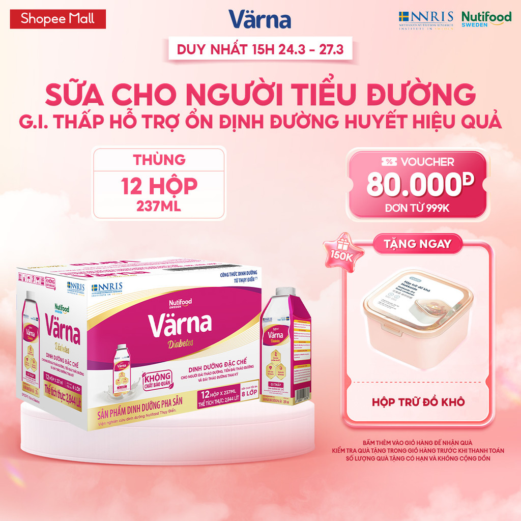 Thùng 12 hộp sữa bột pha sẵn Varna Diabetes (12 hộp giấy x 237ml) - Hỗ trợ ổn định đường huyết