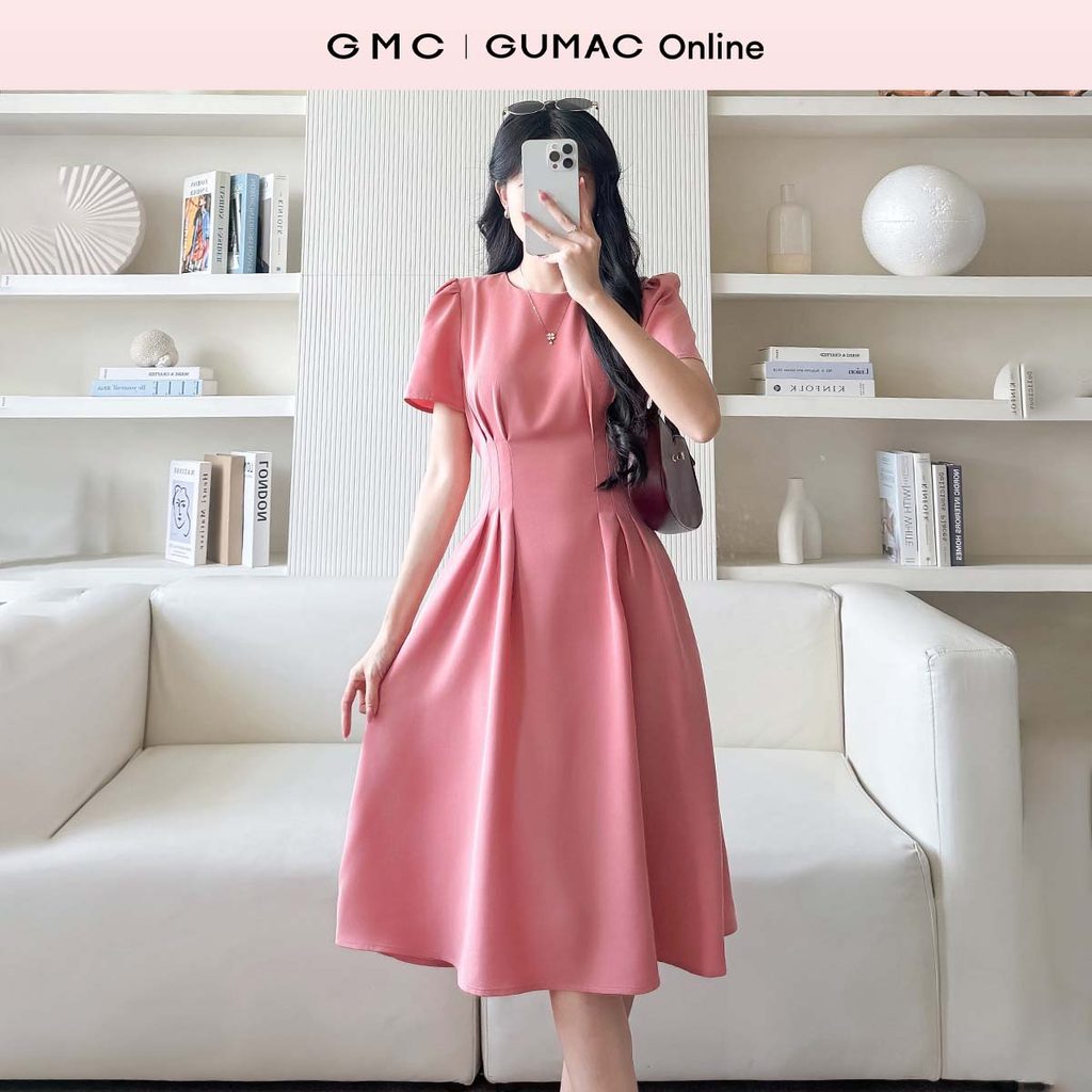 Đầm nữ dáng A xòe tay nhúng đầu vai thoải mái có chiết ly eo sang trọng thời trang GUMAC LDF0801