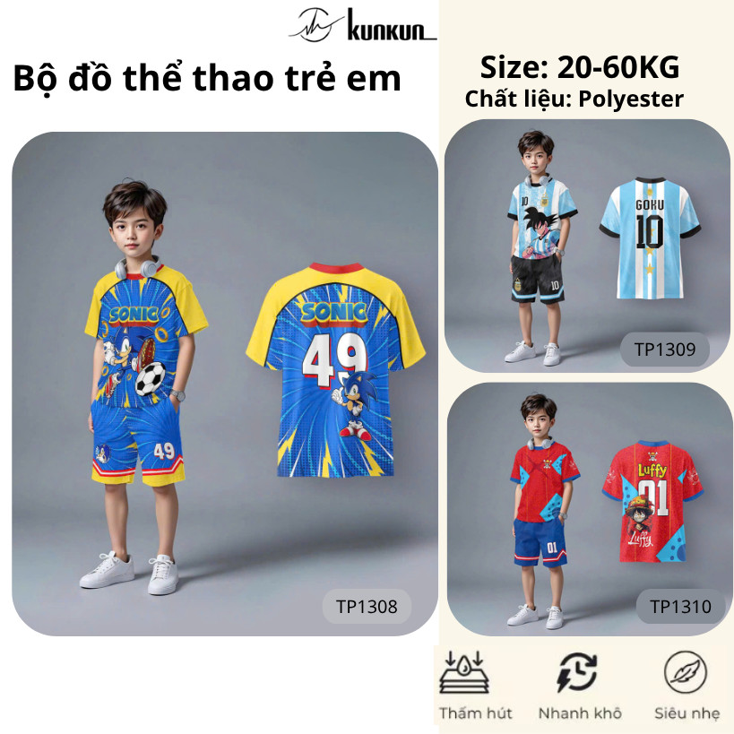 Đồ Bộ Thể Thao Bé Trai In 3D nhân vật hoạt hình siêu cấp,Đá Banh, Bóng Rổ TP1308-1311 | KunKun Kids