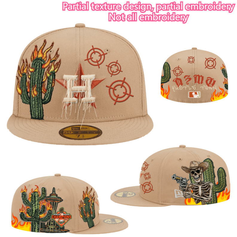 Ｍũ bóng chày Houston Astros thiết kế cố định viền phẳng, logo Hustle Town Flame và cây xương rồng - 