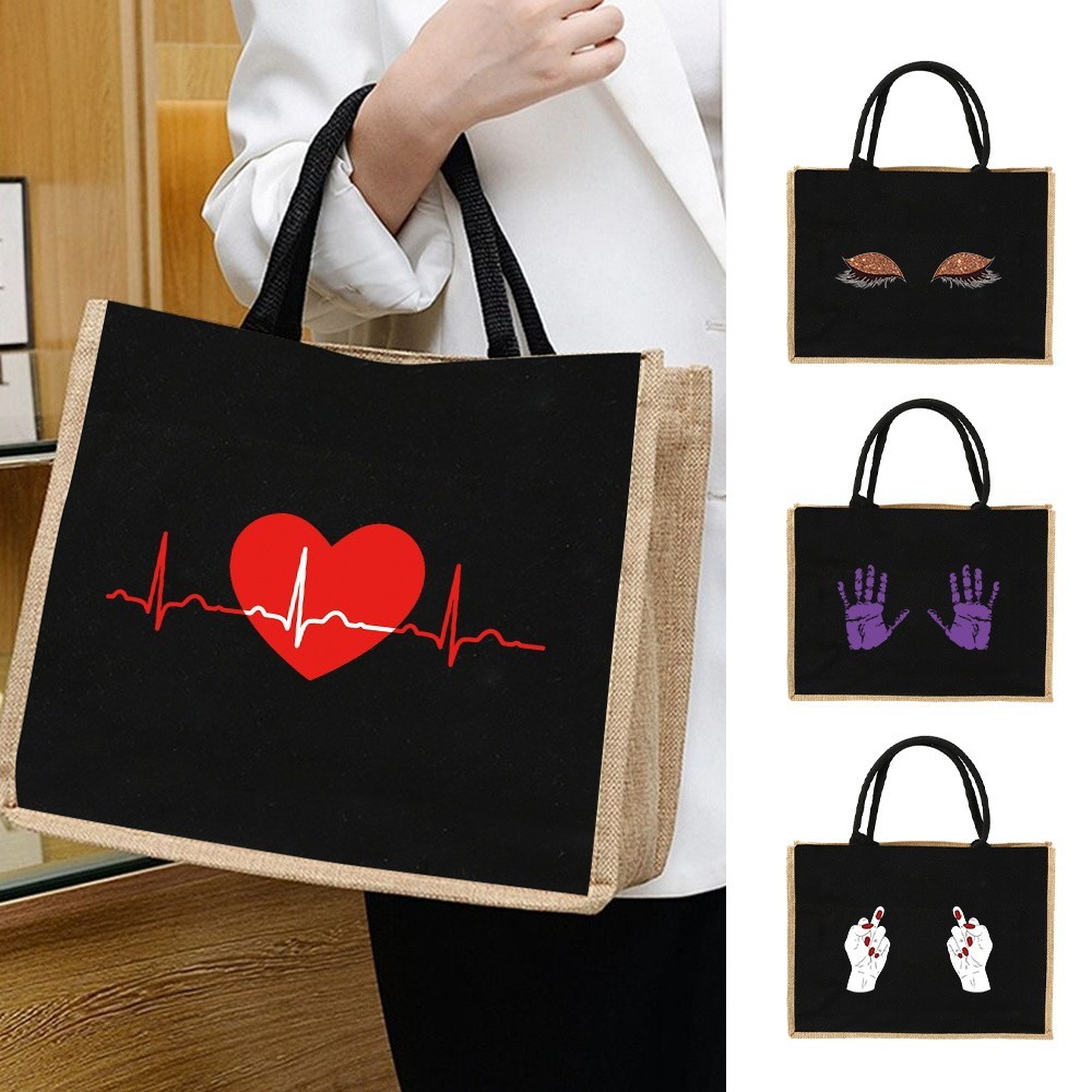 Jute Bag Women Travel Storage Bag Shopping Pouch Handbag Laminated Pouch  Strange Cat Burlap bag