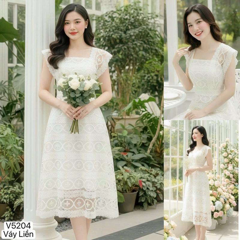 [Chính Hãng] Váy thiết kế V5204 váy ren cổ vuông dáng xoè, màu kem, tay chờm, ôm eo