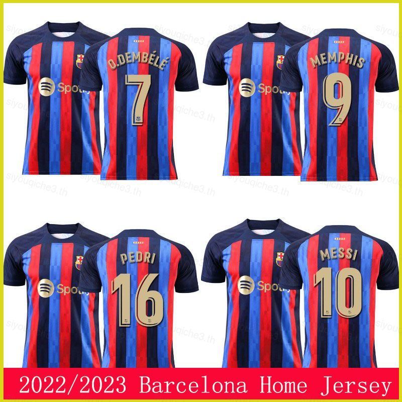 Áo Thun Lưu Niệm Barcelona FCB 2022-2023 với Hình Ảnh Cầu Thủ Memphis DeMbélé, Pedri và Messi - Perf