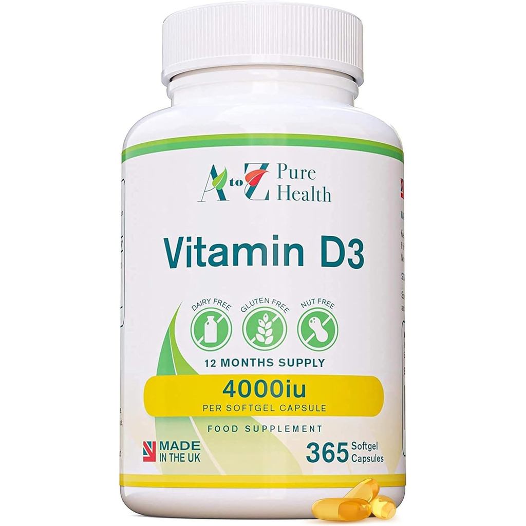 Vitamin D3 4000iu Lớp 1 Năm | Núm vú cường độ cao cao cấp | 365 Viên nang mềm dễ nuốt | Một ngày, lớ
