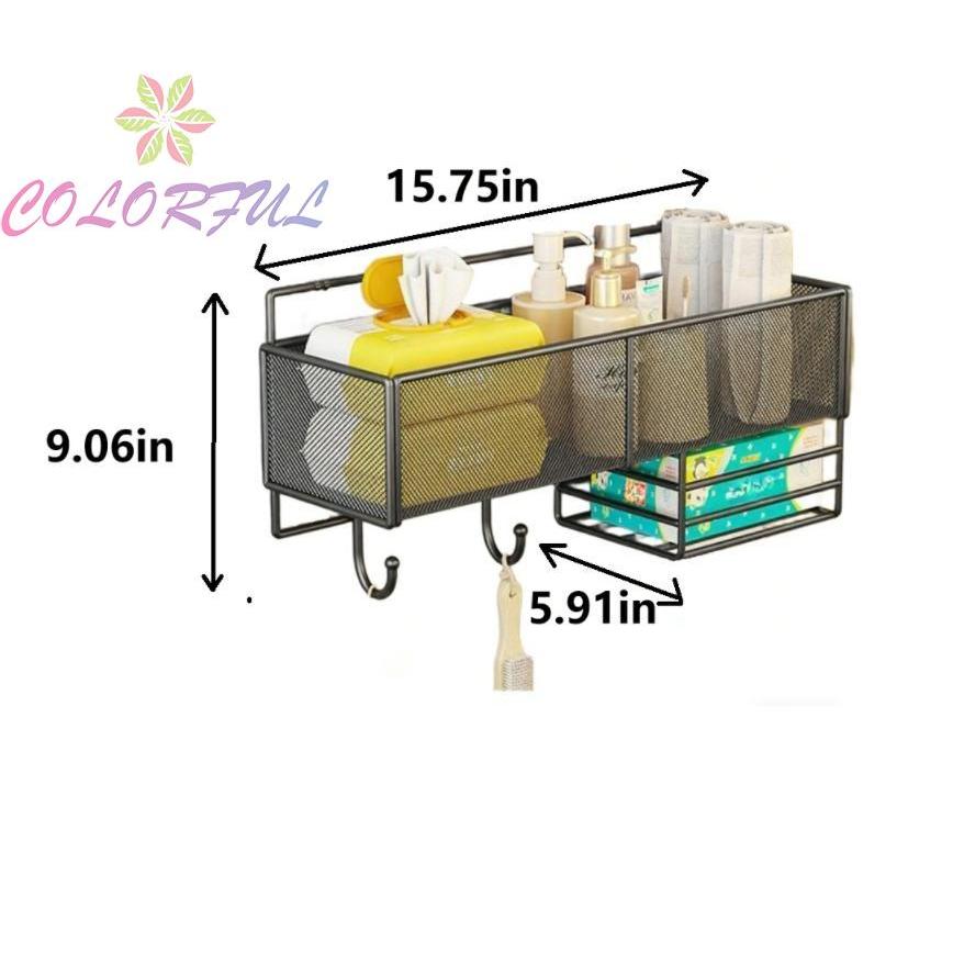 【COLORFUL】Metal Wall Mount Storage Basket Organizer for Dorm Room Bedside No Drill Hooks