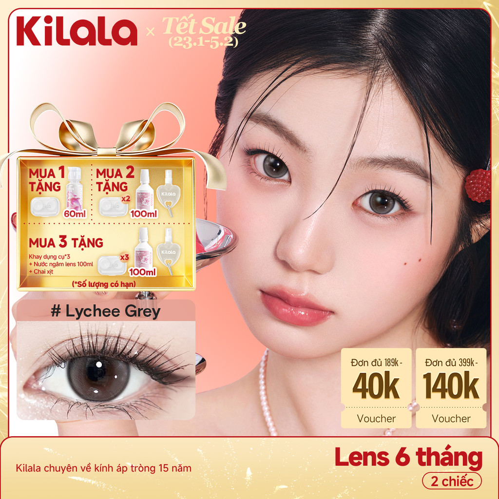 Kính áp tròng Kilala màu xám Lychee Grey lens cận 6 tháng DIA 14.2mm có độ (0-8) 1cặp