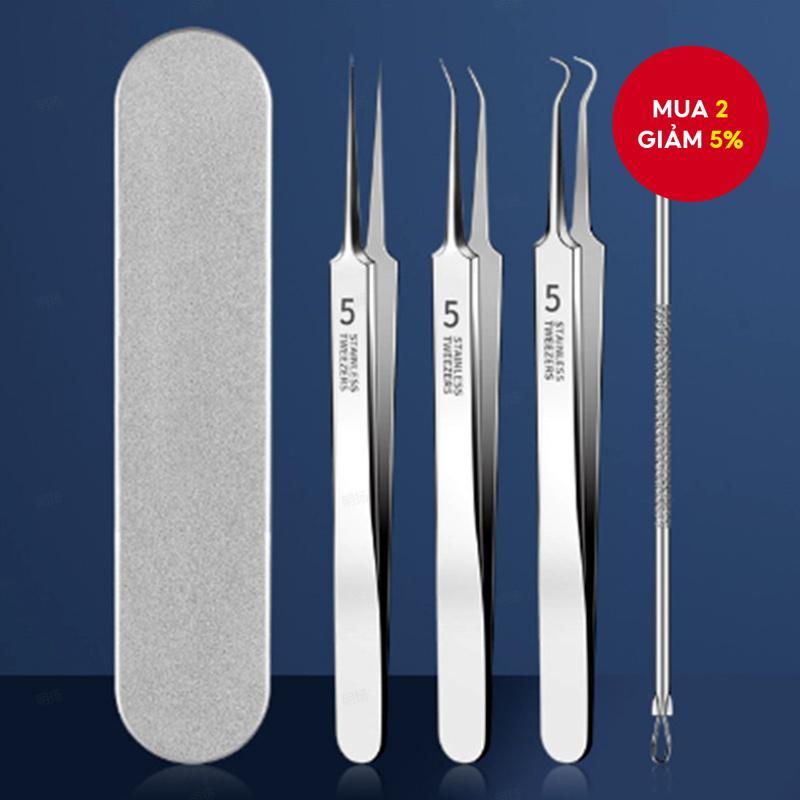 Bộ 4 Món + Bộ Nhíp Mụn Hộp Sắt, Máy Bóp Mụn Siêu Chính Xác, Chăm Sóc Da Mặt Làm Sạch Sâu, Bảo Quản Tiện Lợi, Máy Hút Mụn Và Móng Vuốt